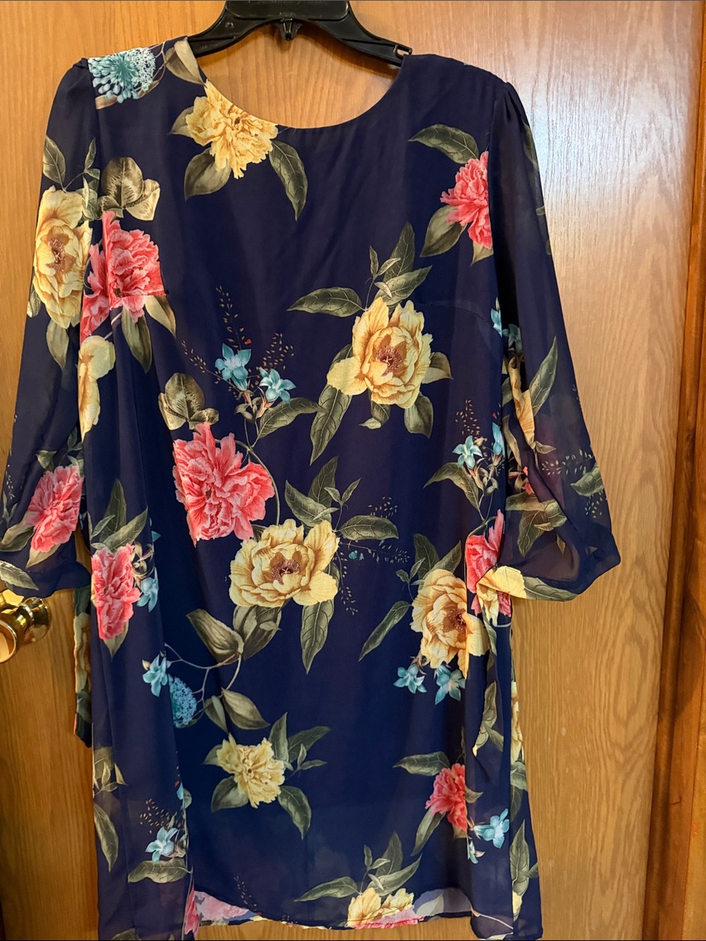 Floral Navy Chiffon Tunic Dress- Yellow & Pink Blooms